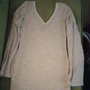 SHEIN Beige Ribbed V-Neck Long Sleeve Dress